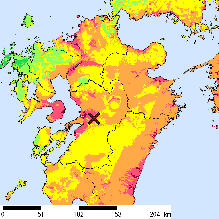 50年間超過確率2%の計測震度分布地図