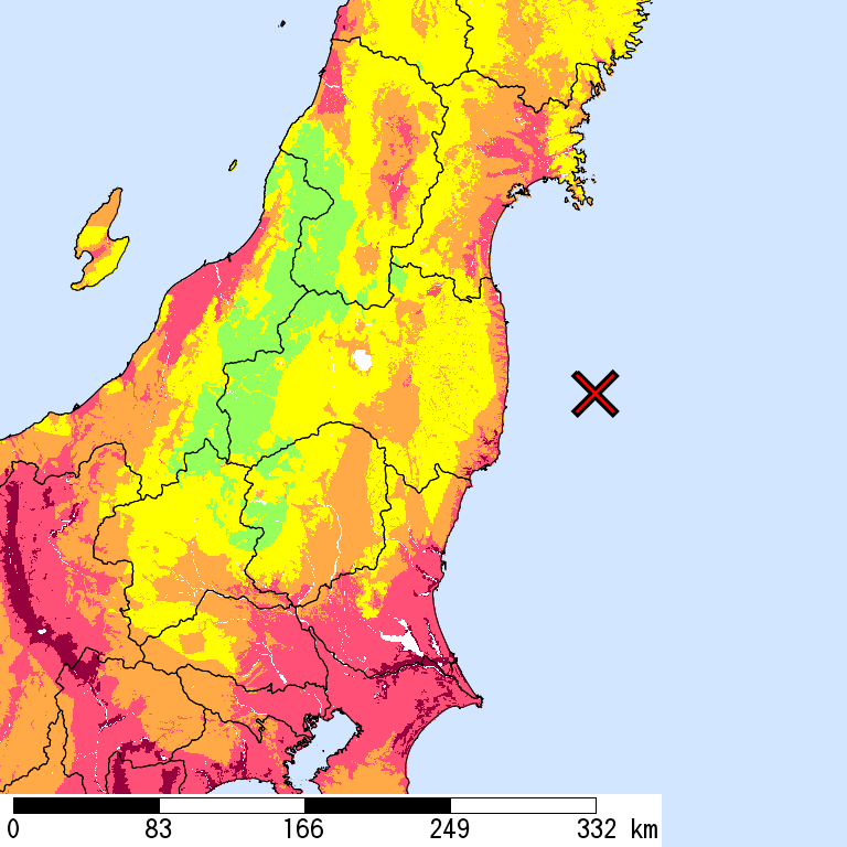 50年間超過確率2%の計測震度分布地図