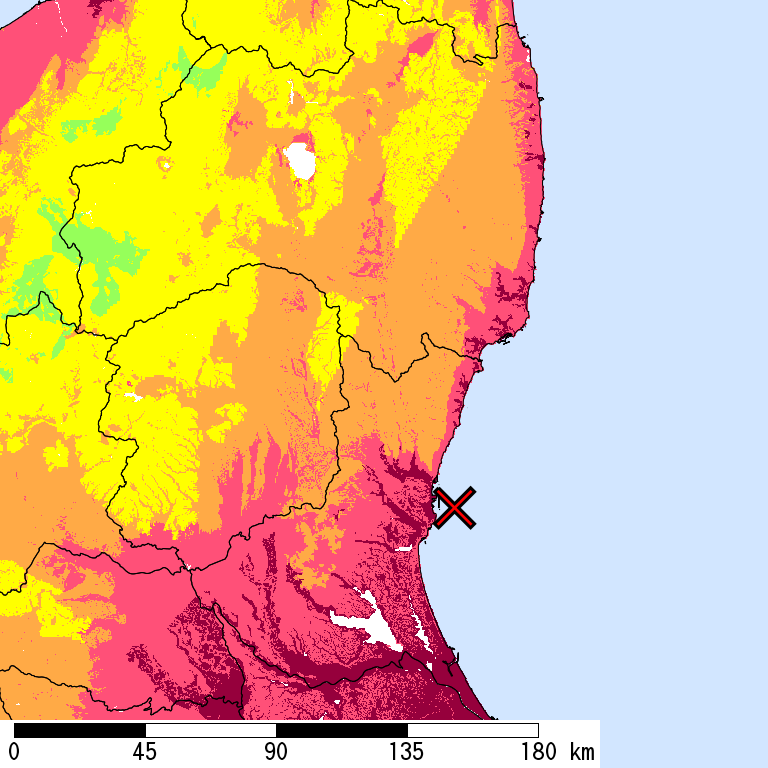 50年間超過確率2%の計測震度分布地図
