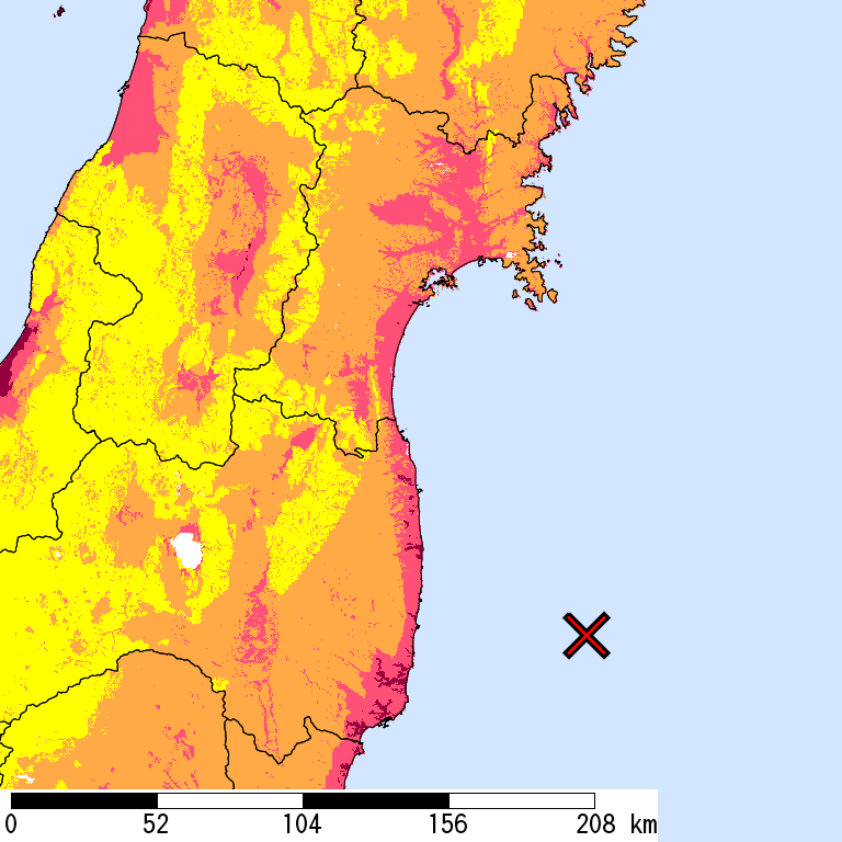 50年間超過確率2%の計測震度分布地図