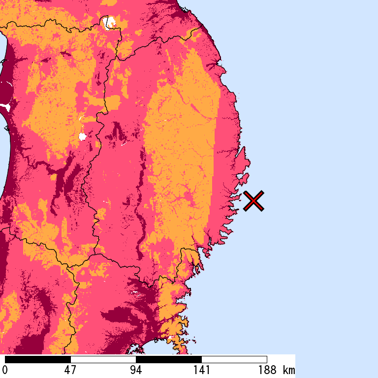 再現期間50000年相当の計測震度分布地図