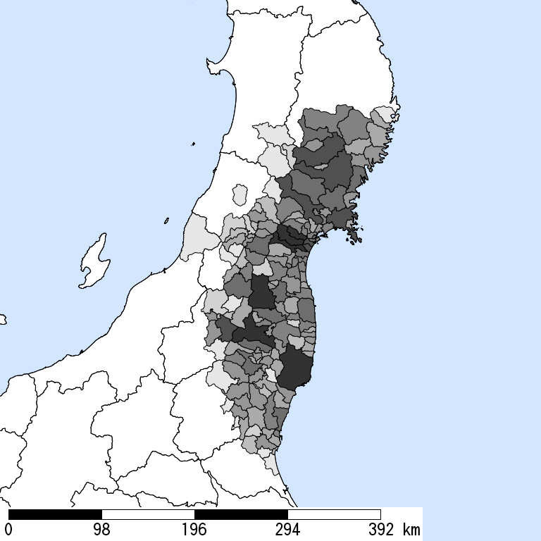 推定震度5弱以上の震度遭遇人口地図