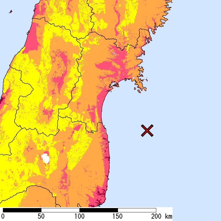 50年間超過確率2%の計測震度分布地図