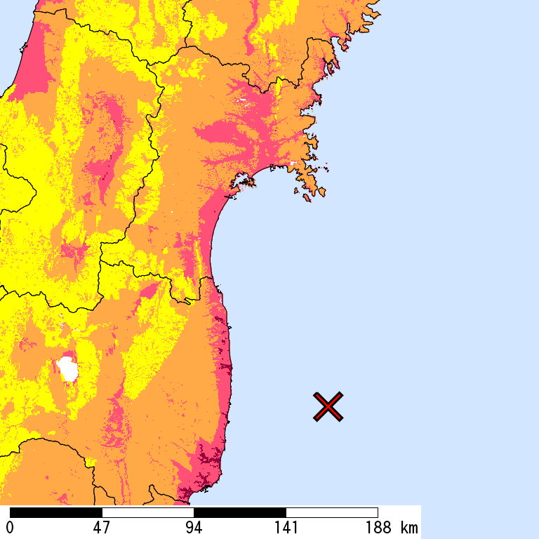 50年間超過確率2%の計測震度分布地図