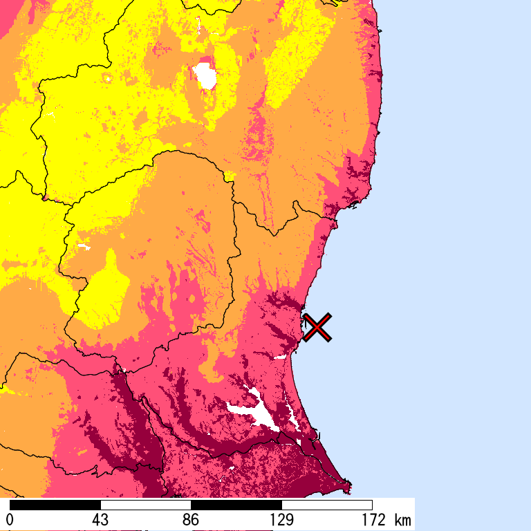 50年間超過確率2%の計測震度分布地図