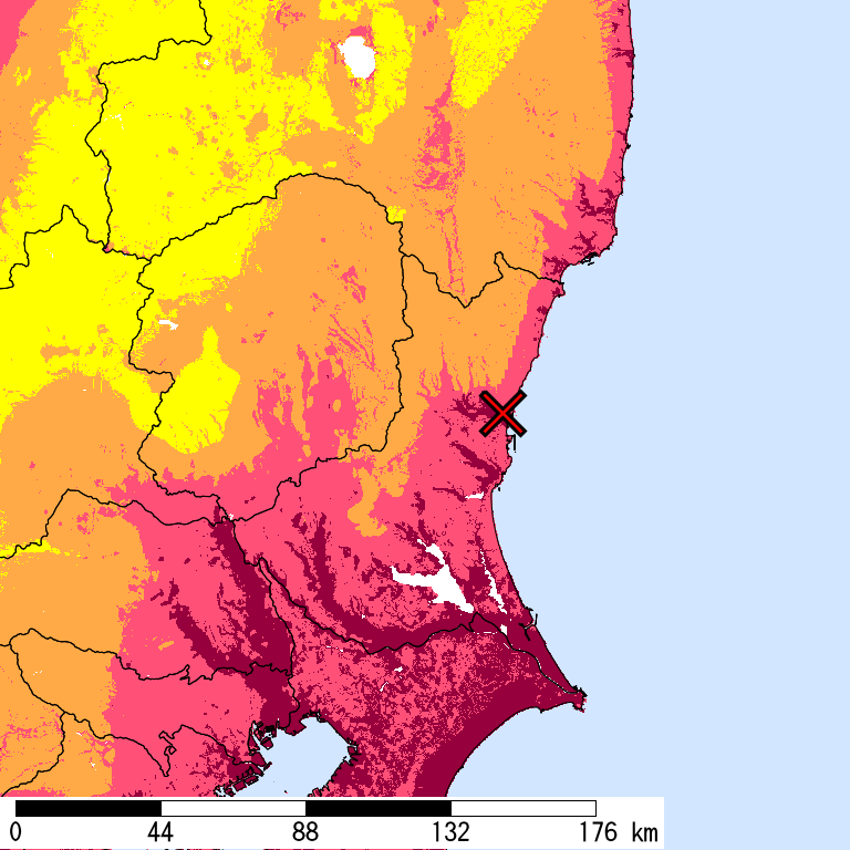 50年間超過確率2%の計測震度分布地図