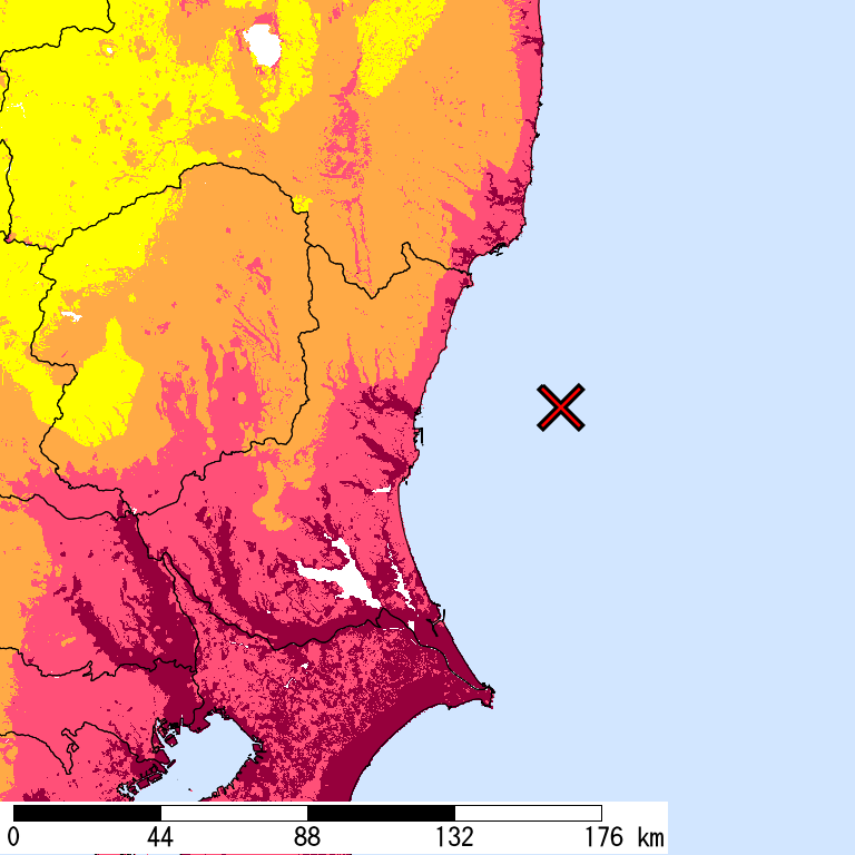 50年間超過確率2%の計測震度分布地図