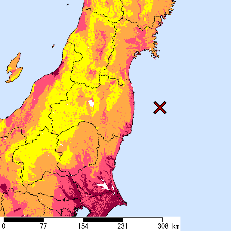 50年間超過確率2%の計測震度分布地図
