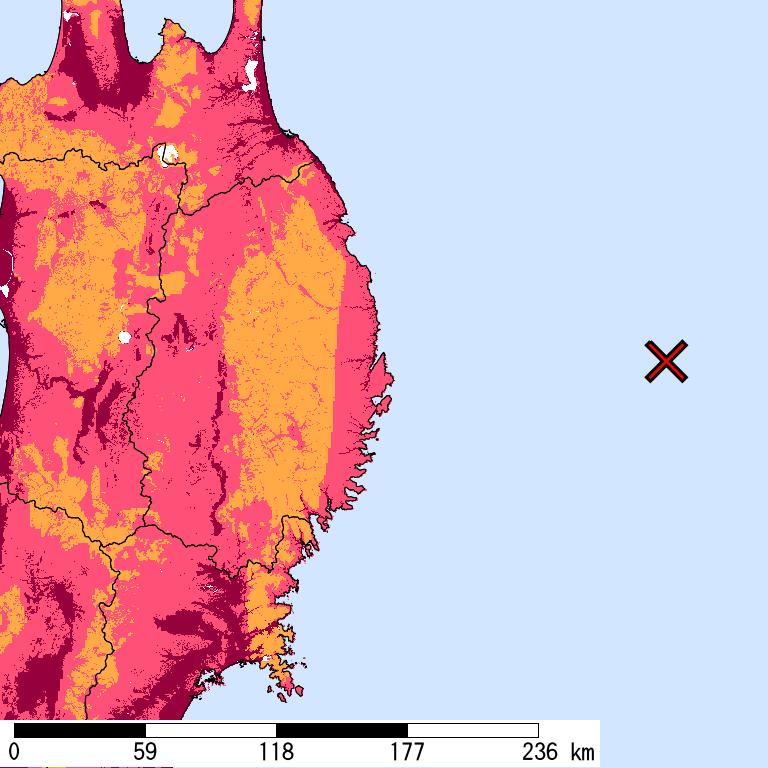 再現期間50000年相当の計測震度分布地図
