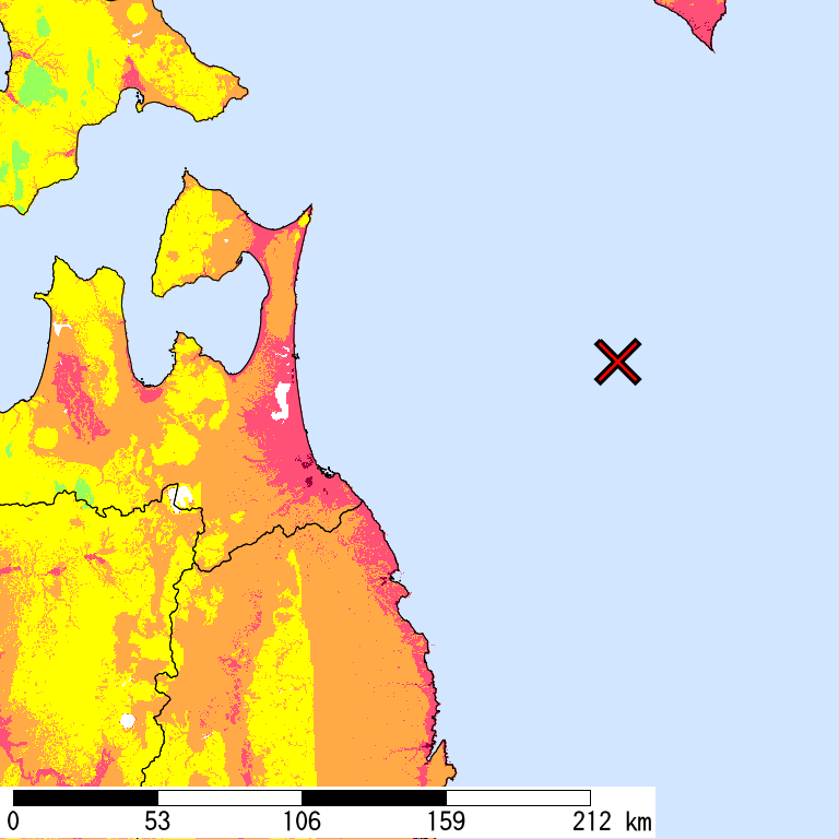 50年間超過確率2%の計測震度分布地図