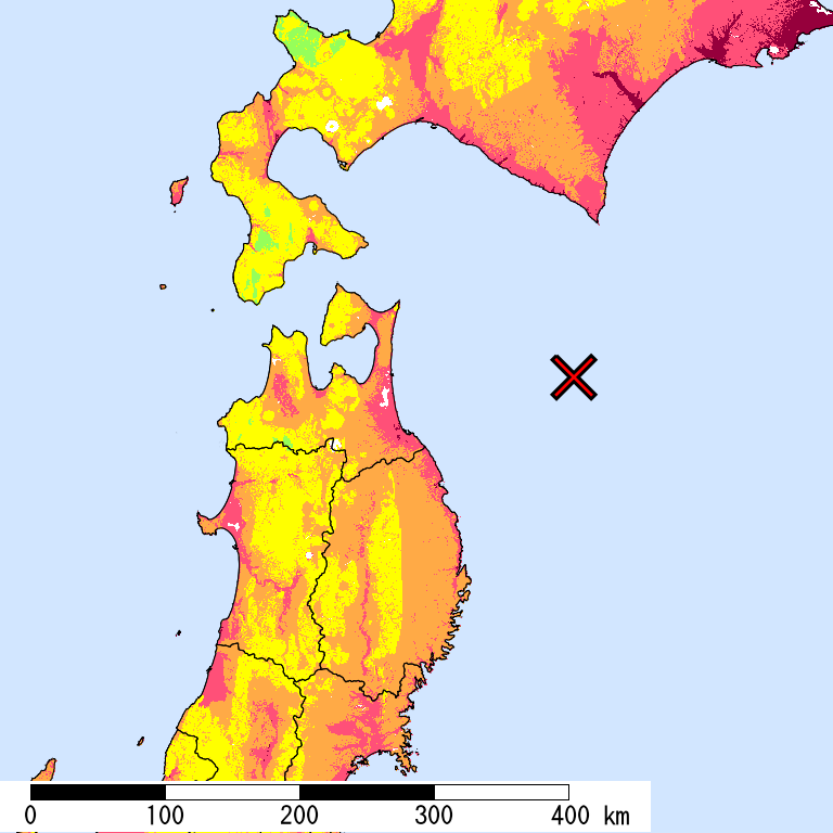 50年間超過確率2%の計測震度分布地図