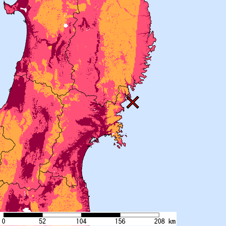 再現期間50000年相当の計測震度分布地図