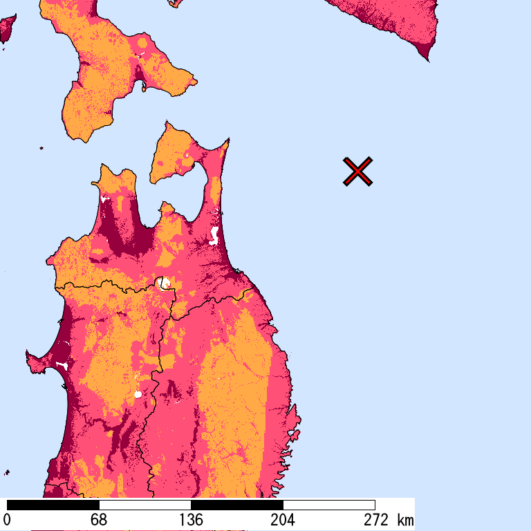 再現期間50000年相当の計測震度分布地図