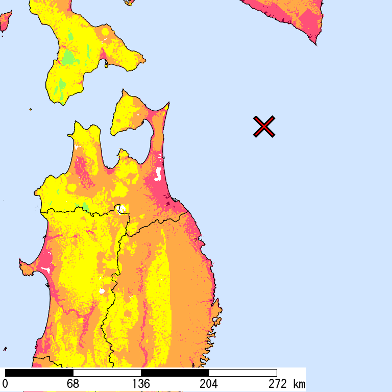 50年間超過確率2%の計測震度分布地図