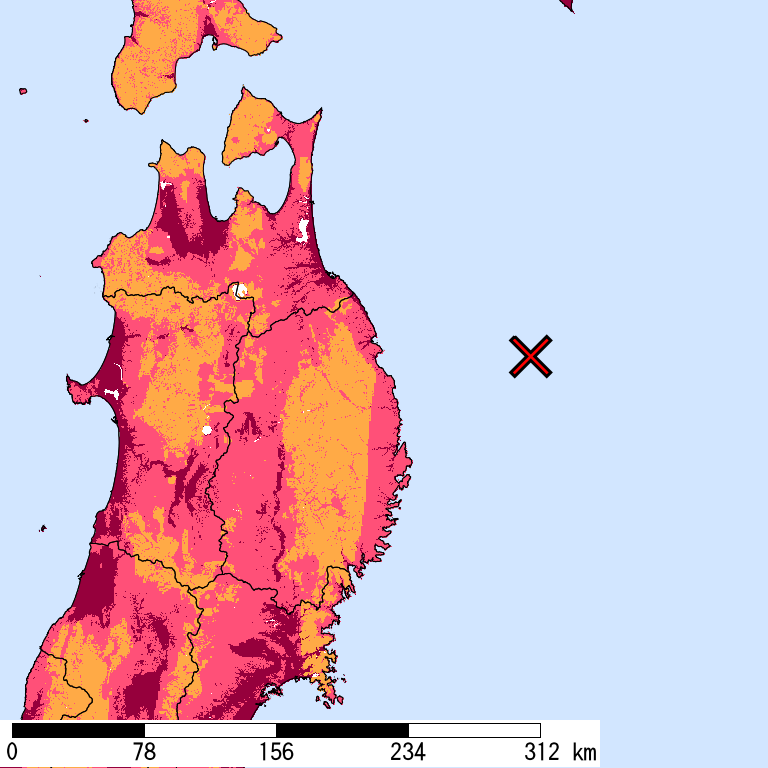 再現期間50000年相当の計測震度分布地図