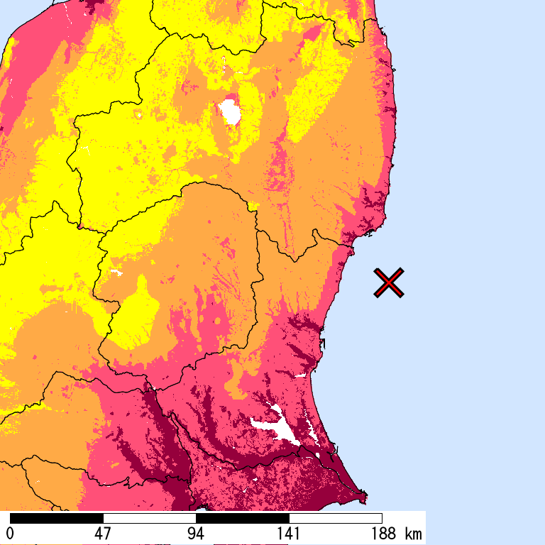 50年間超過確率2%の計測震度分布地図