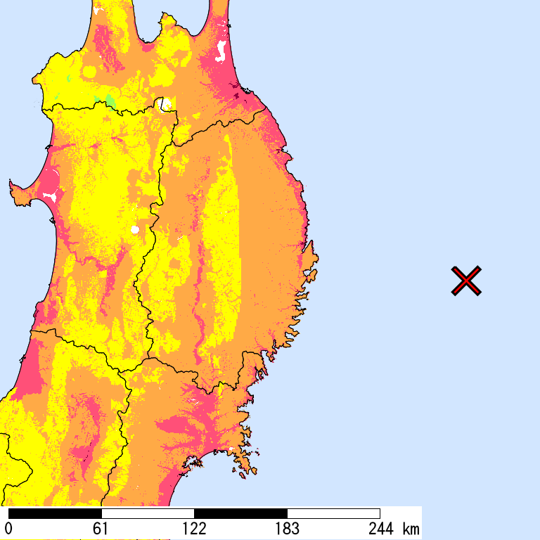 50年間超過確率2%の計測震度分布地図