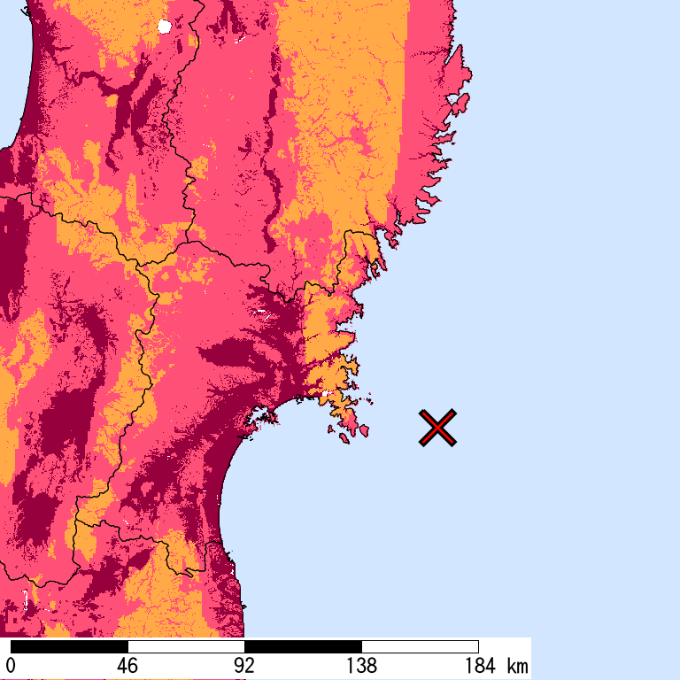 再現期間50000年相当の計測震度分布地図