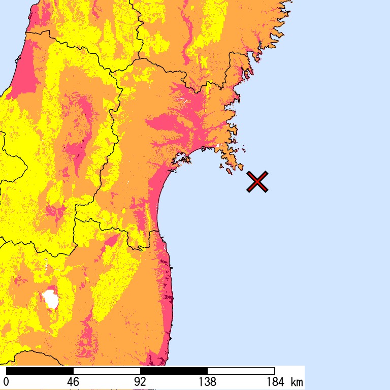 50年間超過確率2%の計測震度分布地図