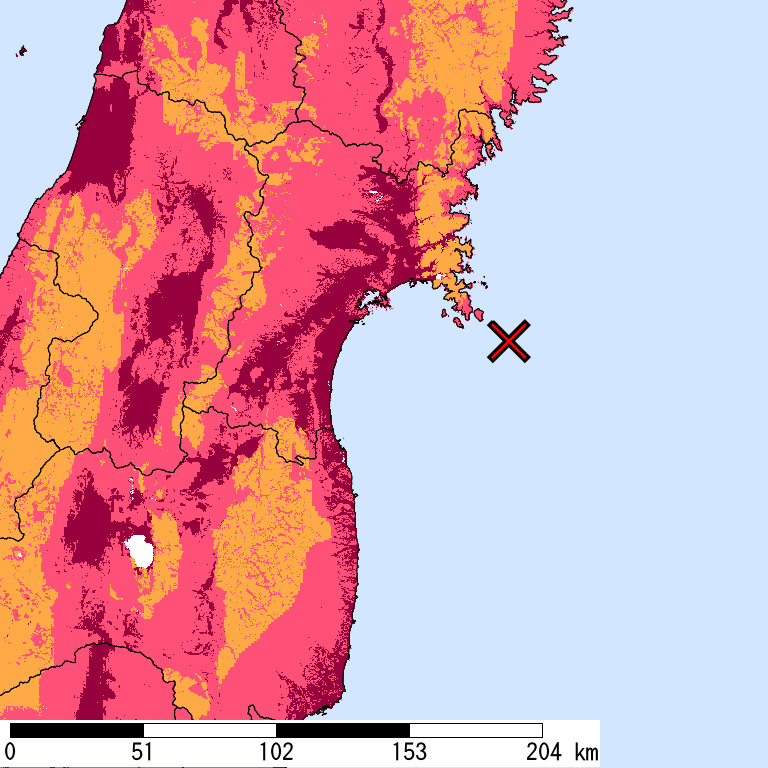 再現期間50000年相当の計測震度分布地図