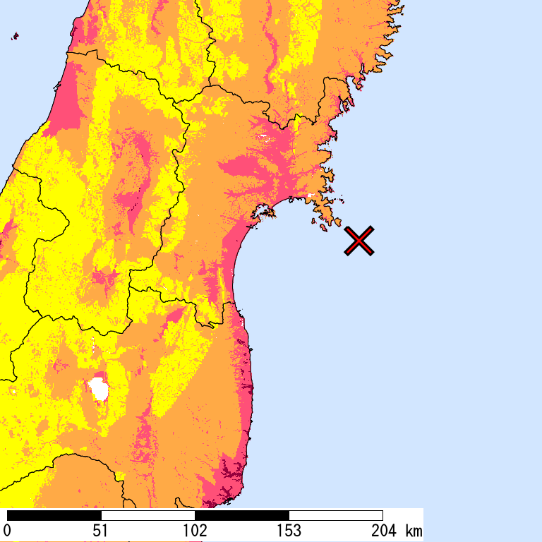 50年間超過確率2%の計測震度分布地図