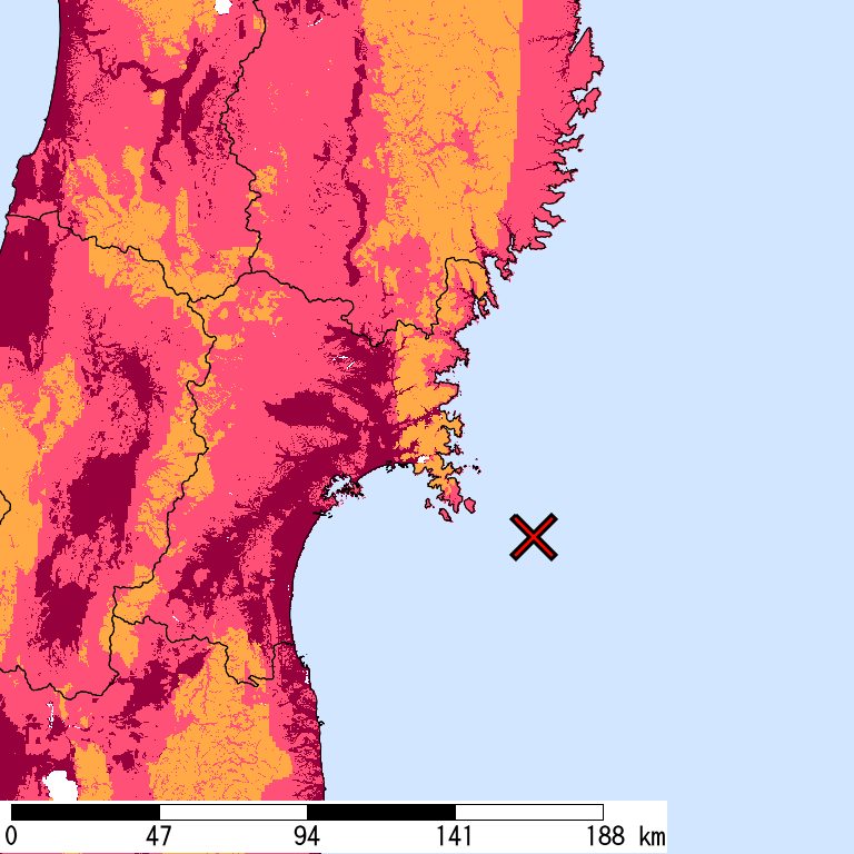 再現期間50000年相当の計測震度分布地図