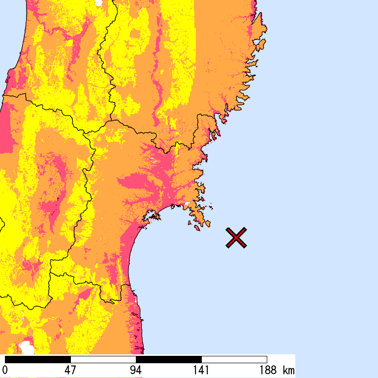 50年間超過確率2%の計測震度分布地図