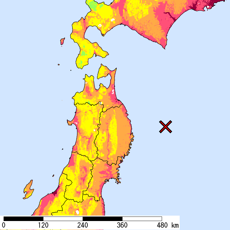 50年間超過確率2%の計測震度分布地図
