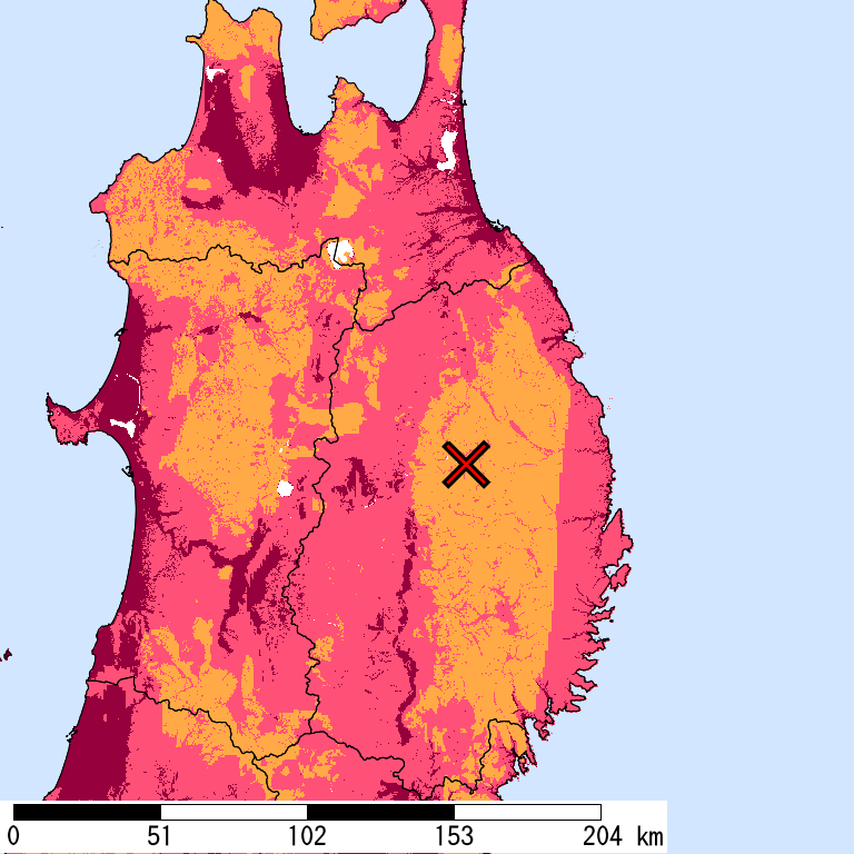再現期間50000年相当の計測震度分布地図