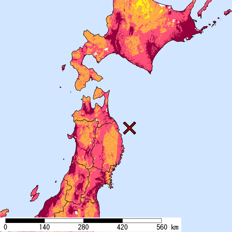 再現期間50000年相当の計測震度分布地図