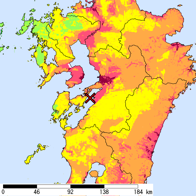 50年間超過確率2%の計測震度分布地図