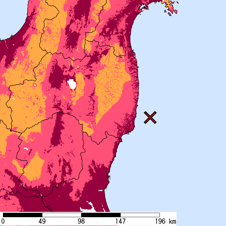 再現期間50000年相当の計測震度分布地図