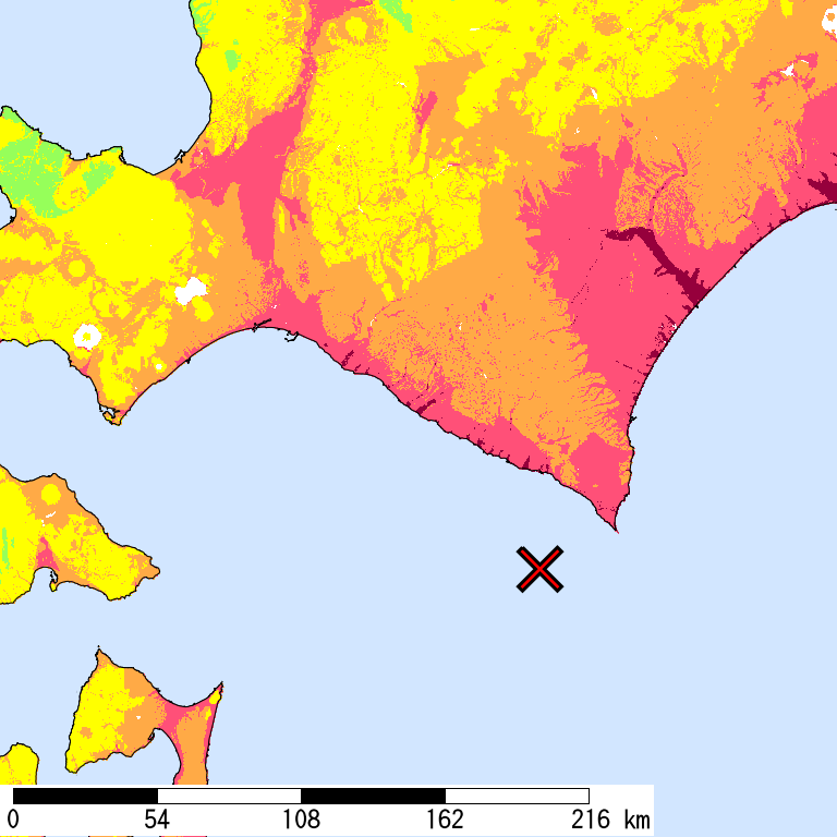 50年間超過確率2%の計測震度分布地図