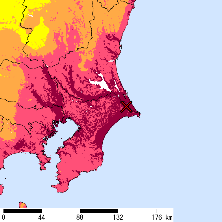 50年間超過確率2%の計測震度分布地図